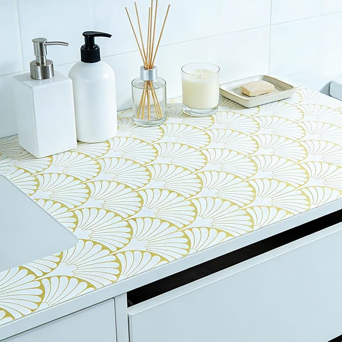 Shelf Liners Non Adhesive Gold Background White Fan-Shaped Pattern - Thickened Non-Slip Easy to Clean Drawer Liner for Kitchen Cabinets, Tool Box,Refrigerator,with Knife & Tape Measure,17in x 20FT. - Image 6