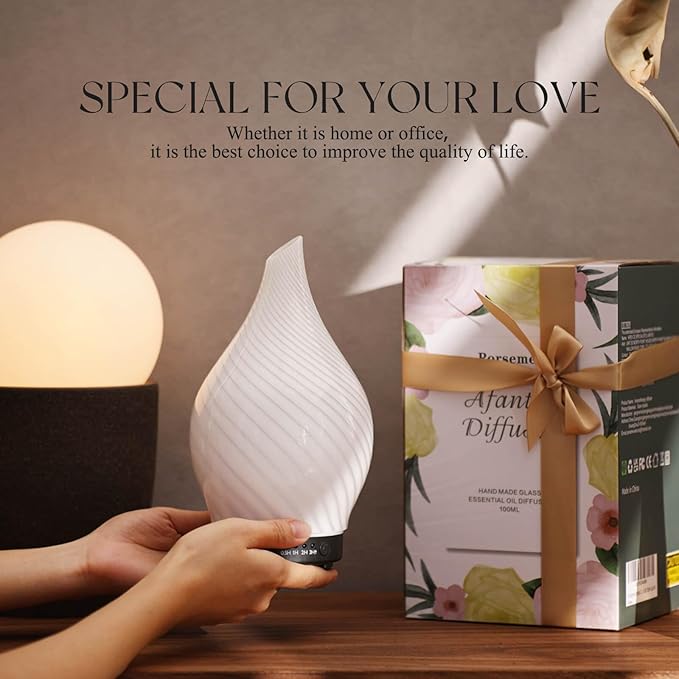 Porseme 150ml Essential Oil Diffuser Glass Color Changing Aroma Air Diffusers Aromatherapy Ultrasonic Cool Mist Humidifier 6 Running Hours Waterless Auto-Off for Sleeping Yoga Office Spa (Pure White) - Image 6