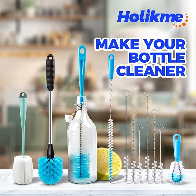 Holikme Bottle Brush Tube Cleaning Lab Set with Long Handle, Cup Cleaner for Washing Narrow Neck Beer Wine Decanter Pipes Lids Sinks Cap Covers, Green - Image 7