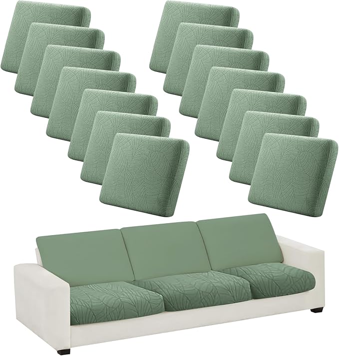 14Pcs Stretch Couch Cushion Covers, Water Resistant Outdoor Sofa Cuhsion Cover Replacement,Washable Outdoor Patio Chair Seat Cushion Covers for Furniture Protect (Sage Green, Leaf Textured) by CALBODE