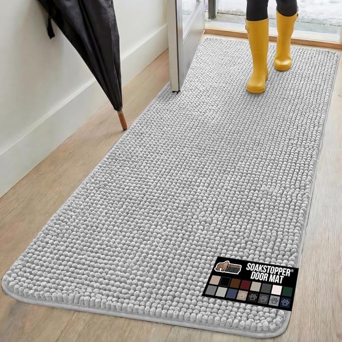 GORILLA GRIP SOAKSTOPPER Dog Door Mat, 70x24 Machine Washable Rug Absorbent Doormat Captures Moisture Mud Dirt, Quick Dry Soft Chenille Entryway Rugs Indoor Entrance Mats for Dog Paws, Light Gray by GorillaGrip