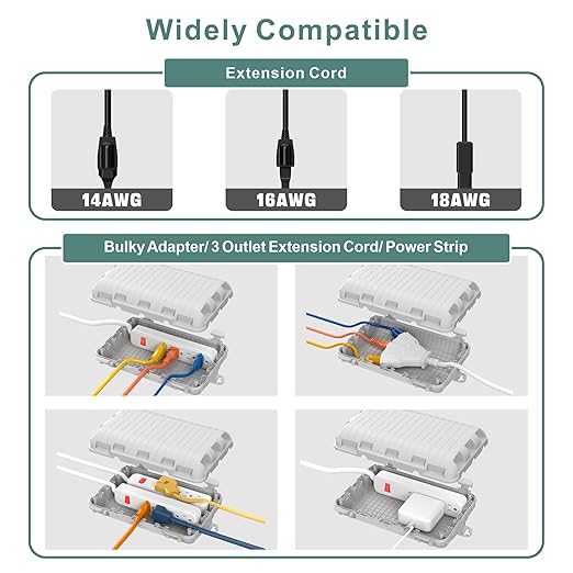 Outdoor Waterproof Electrical Box, 2 Pack Large Extension Cord Cover Protector Plug Connection Cable Safety Box IP54 Water-Resistant for Power Strip, Holiday Light and Decorations, Grey - Image 3