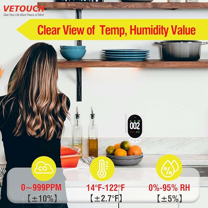 Plug-in Carbon Monoxide Detector with Digital Color Display CO Detector for CO, Temperature & Humidity, 85dB Loud Alert, Self Test Function vetouch CO Detector, for Home, Bedroom, Kitchen, RV - Image 3