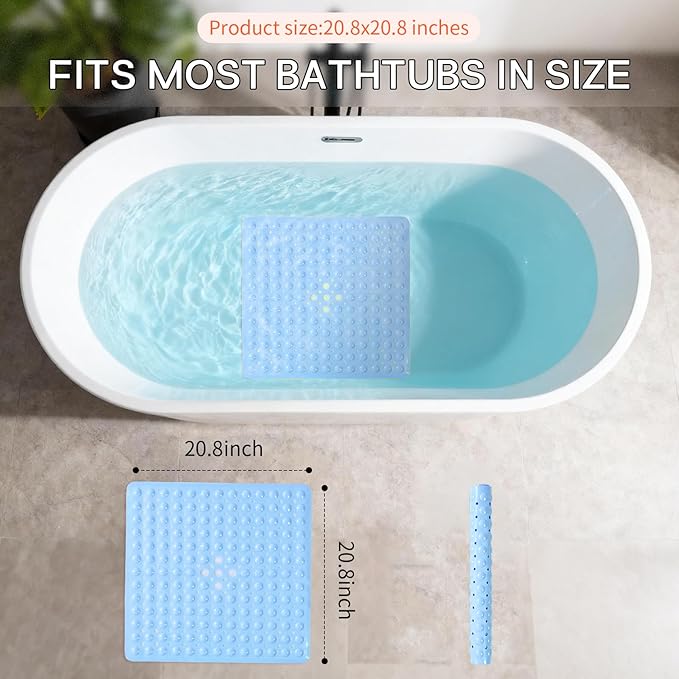 Anti-Slip Bathtub Shower mat, 20.8×20.8（Approximately 53×53cm） inch Soft Oversized Machine Washable Non-Slip Bathtub mat with Drainage Holes, Bathroom Floor Suction Cup.（1-Opaque Light Blue） - Image 3