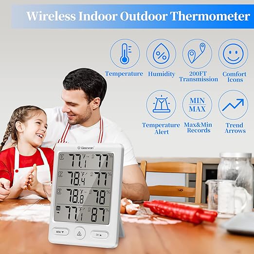 Geevon Indoor Outdoor Thermometer Wireless with 3 Remote Sensors, Digital Hygrometer Indoor Thermometer, Temperature Humidity Monitor Gauge with 200FT/60M Range (White) - Image 7