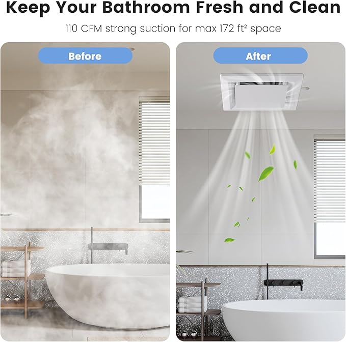 Bathroom Exhaust Fan for Ceiling Mount, Household Bath Vent Ventilation Fans with 1.0 Sones Quiet Operation, 110 CFM with 4" Duct Collar, 26W Low Consumption (housing size 9.2"x9.2") - Image 5