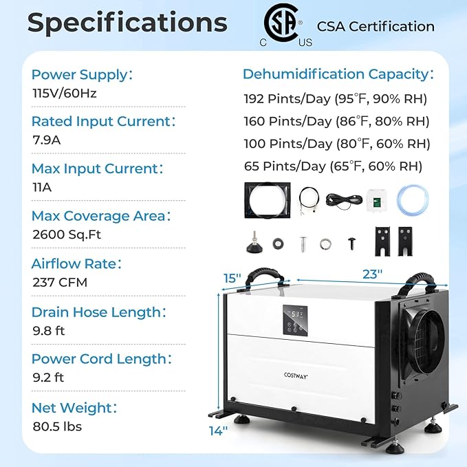 COSTWAY 192 PPD Commercial Dehumidifier, 2600 Sq.Ft Crawl Space Dehumidifier with 9.8 FT Drain Hose & Wired Remote Control Panel, Ideal for Basement, Warehouse, Job Site (White) - Image 8