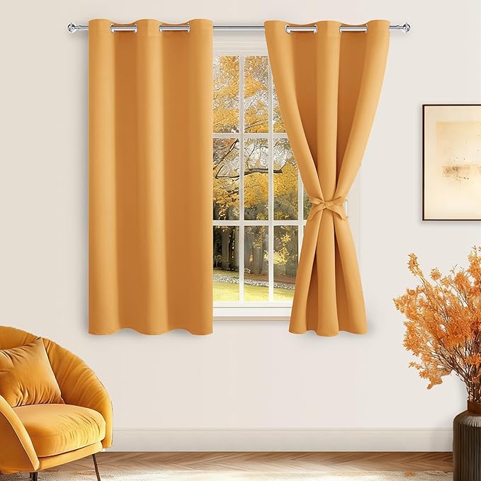 Hiasan Short Blackout Curtains for Bedroom - Thermal Insulated & Light Blocking Window Curtains for Living Room, 2 Drape Panels Sewn with Tiebacks, Pumpkin Orange, 42 x 45 Inch - Image 2
