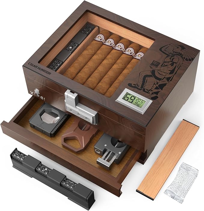 XIFEI Cigar Humidor, Glass Top Humidor Box with Digital Hygrometer, Humidifier, Accessories Drawer, Divider, Cedar Wood Desktop Humidors Case with Combination Lock, Gift for Cigar Lovers (Walnut) by XIFEI