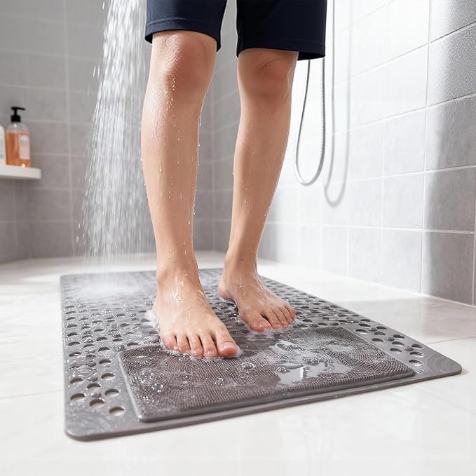 Bath Tub Shower Mat with Soft Shower Foot Scrubber Mat for Massage,Non Slip Bathtub Mat with Strong Suction Cups, Silicone Shower Foot Scrubber Mat (Gray, 35.4" X 23.6"(Rectangular)) by MERLEU