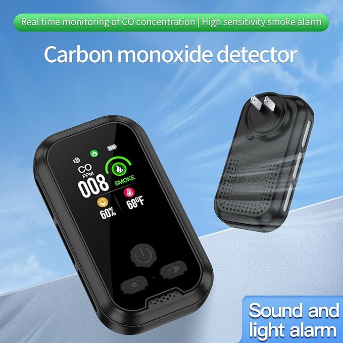 4IN1 Plug in Smoke & Carbon Monoxide Detector Combination Builti-in 2000 mAh Backup Battery HD Screen [Smoke CO Temp Humidity Sensor] Alarm for Home Travel Hotel Indoor (Black) - Image 4