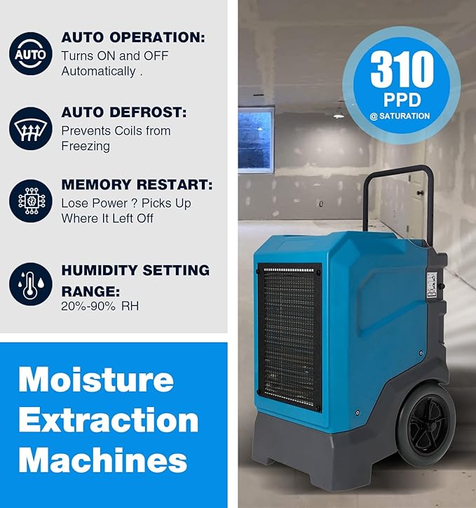 MOUNTO 310 Pints LGR Commercial Dehumidifier with Built-In Pump and Drain Hose – Portable, Heavy-Duty Dehumidifier with Wheels for Basements, Garages, Home, and Job Sites (Blue) - Image 2