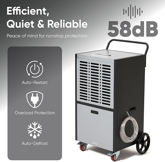 290 Pints Commercial Dehumidifier for Basements & Industrial Spaces – Built-In Pump, Drain Hose, Continuous Operation, 2-Speed Fan, 24000 Sq Ft Coverage - Image 6