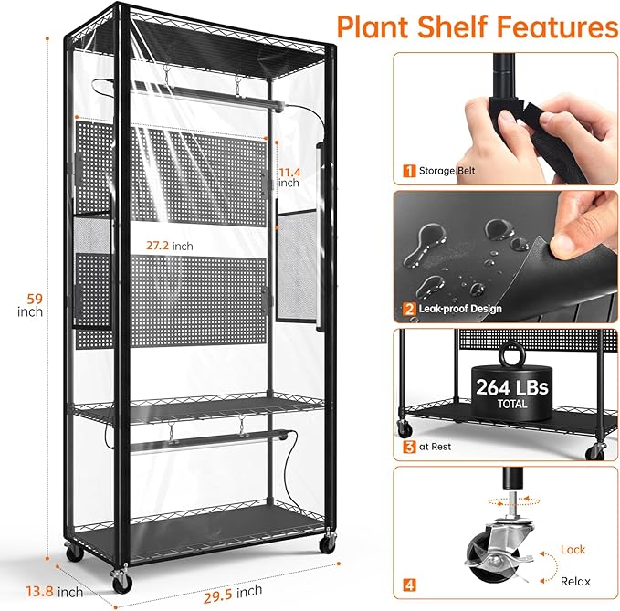 Bstrip Indoor Greenhouse Cabinet with Pegboard, Indoor Greenhouse with 4 Pack 96W Full Spectrum Grow Light for Indoor Plant, Foliage Plants, 29.5"x13.8"x59" - Image 9