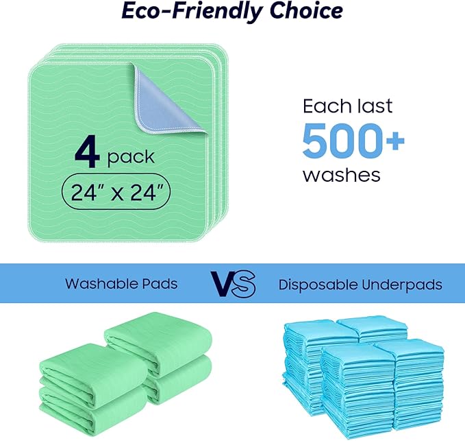 4 Pack 24” x 24” Extra Heavy Absorbency Washable Underpads, Waterproof Nursing Pads Incontinence Bed Pads, Reusable Washable Pee Pads for Dogs, Diaper Changing & Adults, Washable Puppy Pads - Image 6