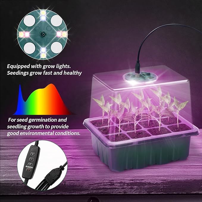 Seed Starter Tray, Plant Propagation Station with Grow Light, Seedling Starter Trays with Timing Controller, Mini Greenhouse Kit with Humidity Domes and Base, Plant Tray for Seeds Growing Starting - Image 2