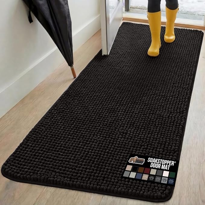 GORILLA GRIP SOAKSTOPPER Dog Door Mat, 70x24 Machine Washable Rug Absorbent Doormat Captures Moisture Mud Dirt, Quick Dry Soft Chenille Entryway Rugs Indoor Entrance Mats for Dog Paws, Black by GorillaGrip