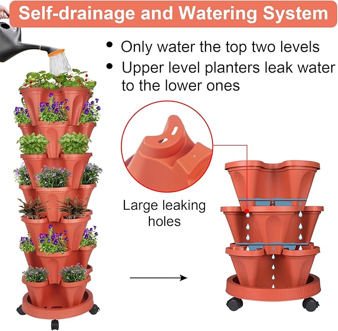 GameXcel Vertical Planter 7 Tier Stackable Planters Garden Planters Strawberry Herb Flower and Vegetable Planter Indoor Outdoor Gardening Pots with Removable Wheels and Tools - Image 4