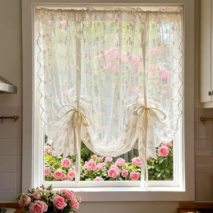 Beige Romantic Little Floral Woven Lace Tie Up Balloon Curtain for Kitchen Liftable Tier Roman Blind Victorian Drapes for Small Window Cafe Balcony Rod Pocket 1 Panel (55Wx39L inch) - Image 2