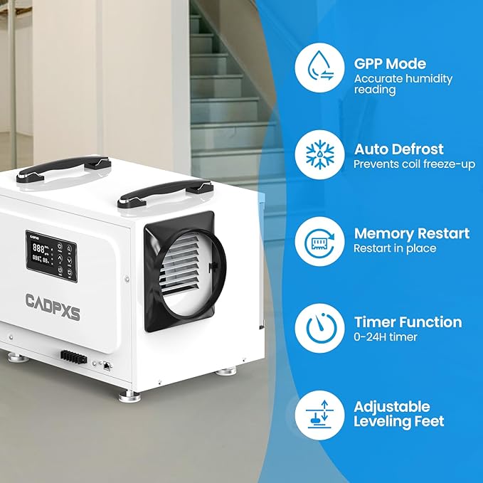 CADPXS Crawl Space Dehumidifier, 125 Pints Commercial Dehumidifiers with Drain Hose, Dehumidifier for Crawlspace, Basements & Water Damage Use, Auto Defrost & Memory Restart, cETL Listed - Image 5
