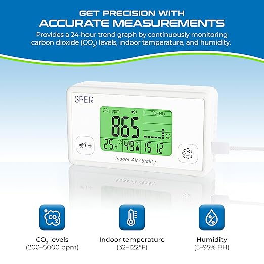 Sper Scientific Digital Indoor Air Quality Meter Monitor 800052 w/NDIR CO2 Sensor - CO2, Temperature & Humidity Meter w/Time & Large Color Coded Display for Home, Office, School & Hotel Room - 2 pc - Image 3