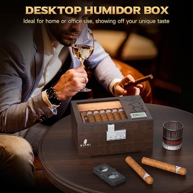 XIFEI Cigar Humidor, Glass Top Humidor Box with Digital Hygrometer, Humidifier, Accessories Drawer, Divider, Cedar Wood Desktop Humidors Case with Combination Lock, Gift for Cigar Lovers (Walnut) - Image 6