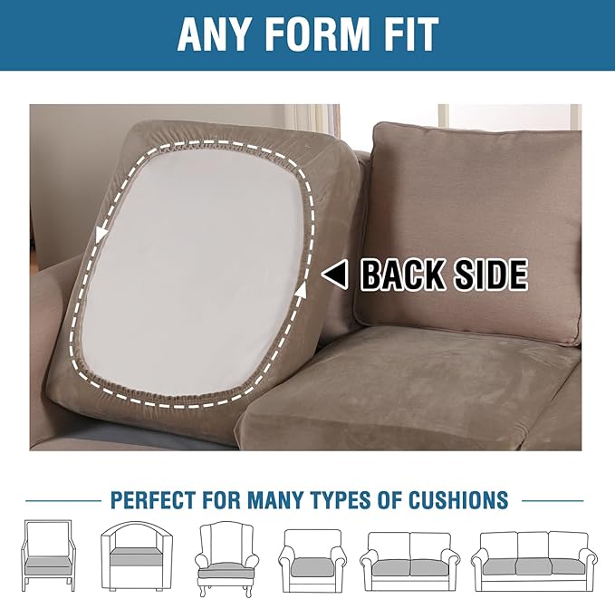 H.VERSAILTEX Velvet Stretch Couch Cushion Cover Plush Cushion Slipcover for Chair Loveseat Sofa Cushion Furniture Protector Seat Cushion Sofa Cover (3 Piece Sofa Cushion Covers, Mocha) - Image 5