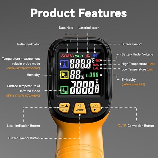 Infrared Thermometer Temperature Gun -58°F to 1796°F, 50:1 Dual-Mode Temp Guns with K-Type Thermocouple for Internal Readings, HVAC Contactless Lazer IR Thermometers for Home & Industry - Image 4