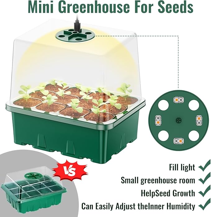 NBPLUS Seed Starter Tray with Grow Light, 5 Pack 60 Cells Seed Starter kit with Humidity Dome and Base, Plant Seedling Trays Indoor Greenhouse Gardening (Green 5 Pack) - Image 2
