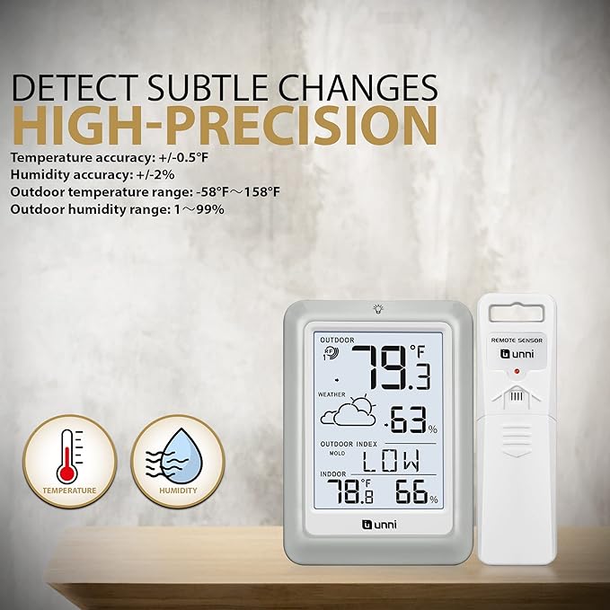 Indoor Outdoor Thermometer Hygrometer Wireless Weather Station, Temperature Humidity Monitor Battery Powered Inside Outside Thermometers with 330ft Range Remote Sensor and Backlight Display - Image 4