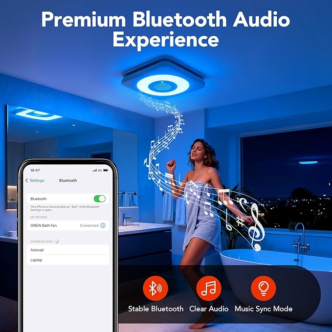 OREiN 3-in-1 Bathroom Exhaust Fan with Bluetooth Speaker & LED Light, 110/160 CFM Quiet Ventilation Fan, 1500LM, 2700K-6500K Adjustable, Night Light, Remote Control, 11.39" x 10.42" Ceiling Cut-Out - Image 6
