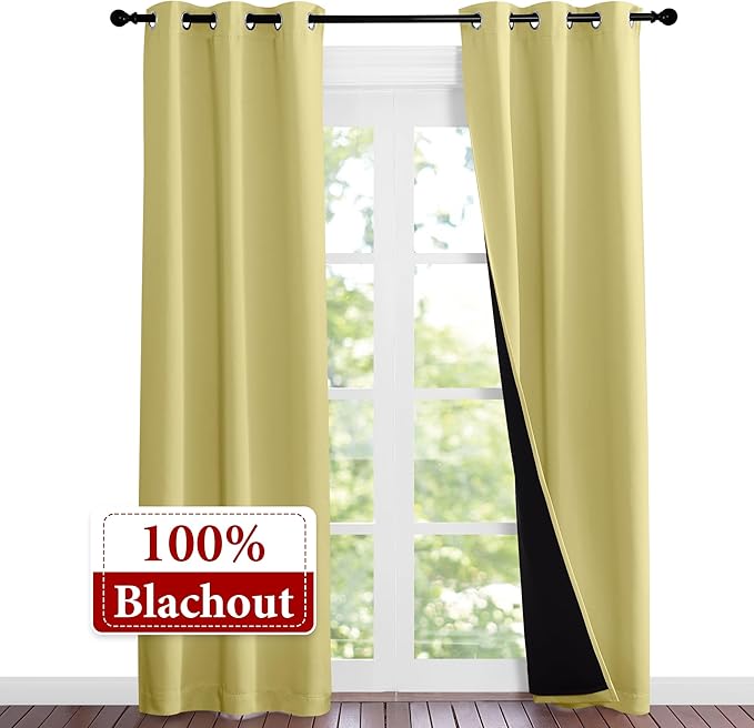 NICETOWN Paler Yellow Full Shade Curtain Panels, Pair of Thermal Insulated & Energy Efficiency Blackout Curtains for Living Room Windows, Lined Silky Performance Window Dressing (37" Wide x 84" Long) - Image 2