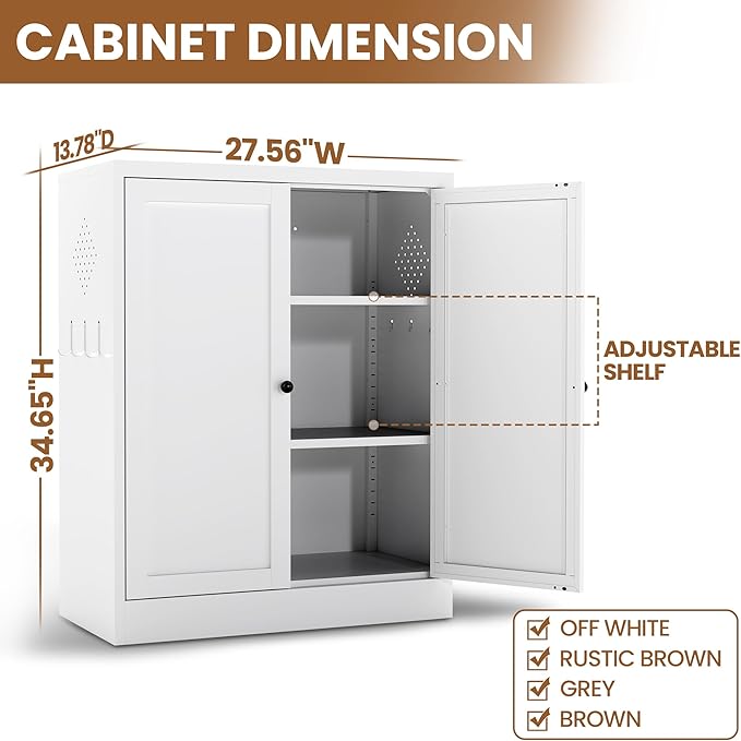 Metal Pantry Cabinet with 2 Adjustable Shelves, Small Kitchen Cupboard Storage Cabinet for Dining Room Living Room Bathroom Office(White) - Image 2