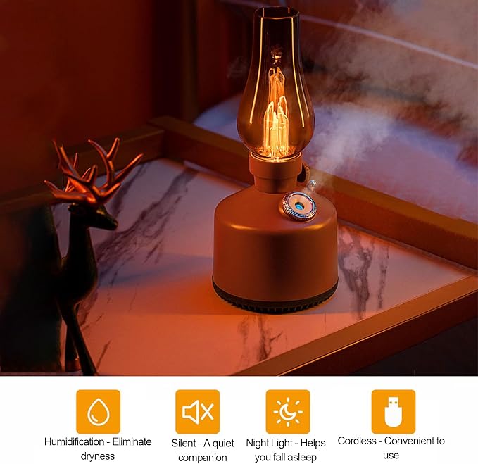 Humidifier Vintage Lantern with Lamp, Kerosene Lamp Shaped Quiet Home Humidifier, Aromatherapy Diffuser, 2 Mist Settings, Stepless Dimming, 260ML (Brown) - Image 3