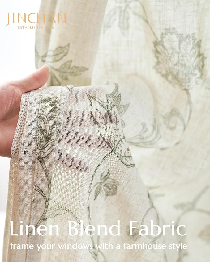 jinchan Linen Curtains Floral Curtains 96 Inch Length for Living Room Bedroom Light Filtering Rod Pocket Back Tab Farmhouse Curtains Flax Linen Texture Window Drapes Set 2 Panels Green on Linen - Image 3