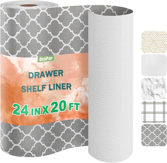 OcePor Non-Adhesive Drawer and Shelf Liner 24IN x 20FT，Non Slip Cabinet and Cupboard Liner, Kitchen Cabinet Liners for Shelves, Waterproof Drawer Shelf Liners for Cabinets/Bathroom Cupboard by OcePor