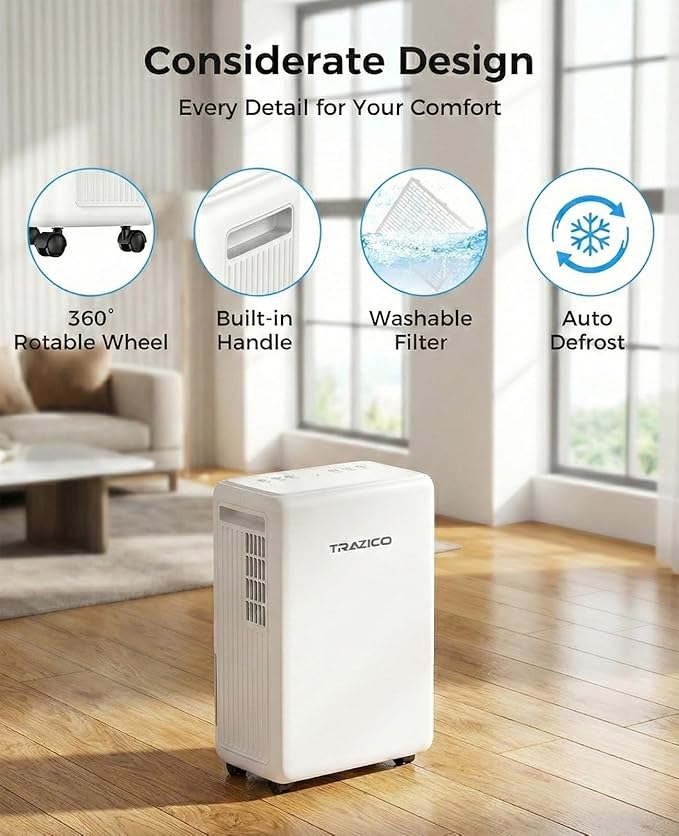 2000 Sq.ft Dehumidifier for Basement, Trazico 30 Pint Dehumidifiers for Home Large Room Bedroom Bathroom with Drain Hose, Intelligent Humidity Control, 3 Modes, 24H Timer, Auto Defrost, White - Image 9