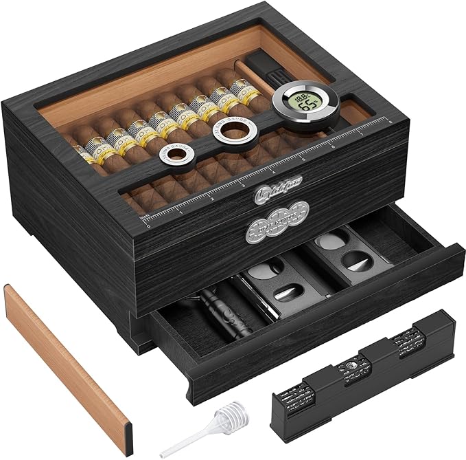 Cigar Humidor, Glass Top Desktop Humidor Box, Cigar Gifts for Men, Cedar Wood Cigars Case with Digital Hygrometer, Humidifier, Measuring Scale and Cigars Accessories Drawer by LIHTUN