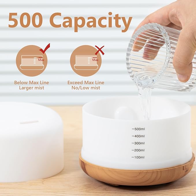 Oil Diffuser, 500ml Essential Oil Diffusers with 2 Mist Mode 4 Timers＆7 Ambient Light Waterless Auto Off, Diffusers Large Room Home Office - Image 6