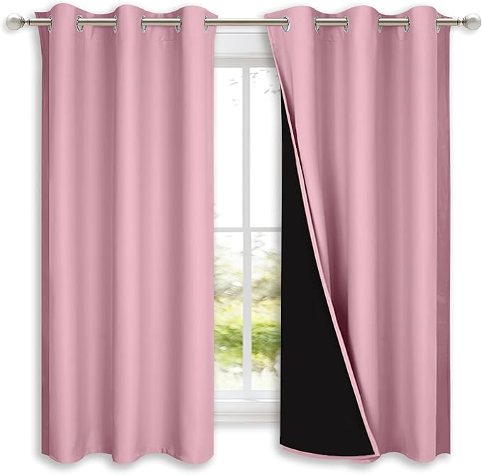 NICETOWN 100% Blackout Curtains with Black Liners, Solid Thermal Insulated Full Blackout 2-Layer Lined Drapes, Energy Efficiency Window Draperies for Bedroom (2 Panels, 42" W by 63" L, Crystal Pink) by NICETOWN