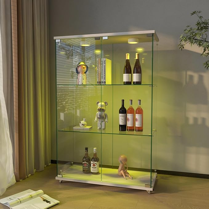 Yoluckea 3-Shelf Glass Display Cabinet with LED Lights, 2-Door Floor Standing Curio Cabinet with Universal Wheel for Home or Office, White Glass Bookshelf for Collections, Decor, and Corner Display by Yoluckea