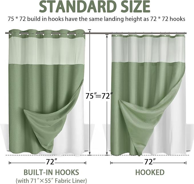 No Hook Shower Curtain and Liner Set,Hotel Waffle Shower Curtain with Liner 75" L x 72" W Green - Image 6