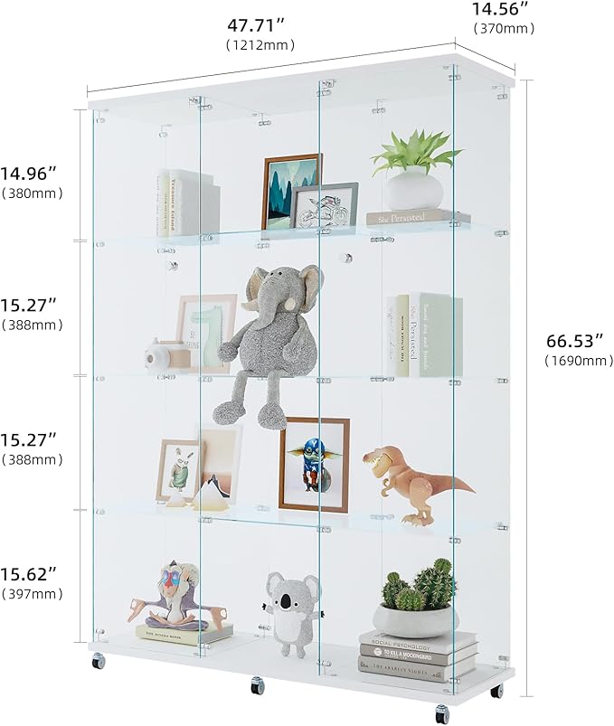 Yoluckea 4 Shelves Glass Display Cabinet Extra Large, Curio Collection Glass Display Case for Home Office, Floor Standing Bookshelf Corner Cabinet for Book Toys Glory (White) - Image 2