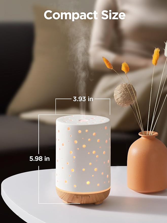InnoGear Essential Oil Diffuser, 150ml Ceramic Ultrasonic Air Humidifier Cool Mist Aromatherapy Diffuser with 2 Mist Modes, Waterless Auto Off for Home Office, White - Image 7