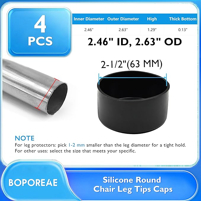 4 Pcs 2-1/2" (63 mm) Round Chair Leg Tips Caps, Silicone Rubber Furniture Leg Floor Protectors, Reduce Noise Folding Metal Chair Leg Cap Replacement for Bar Stool Leg Patio Indoor, Black - Image 9