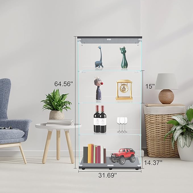 Yoluckea 4 Shelves Glass Display Cabinet with 2 Doors, Curio Collection Glass Display Case for Home Office, Floor Standing Bookshelf Corner Cabinet for Book, Toys, Glory (Black) - Image 2
