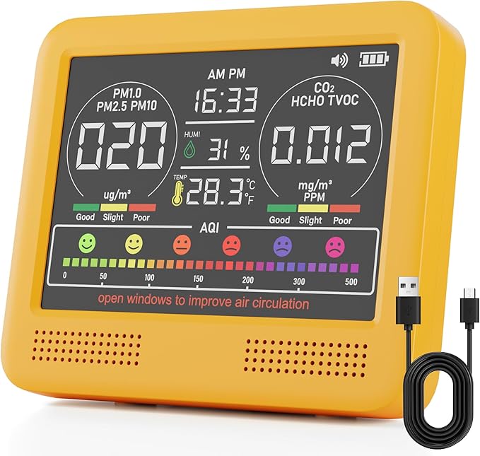 16-in-1 Indoor Air Quality Monitor with PM1.0,PM2.5,PM10,CO2,HCHO,TVOC,Temperature,Humidity,Time Display &7 AQI Alarms – Professional Air Quality Tester for Home, Office & Indoor Use (Bright Yellow) by Unknown