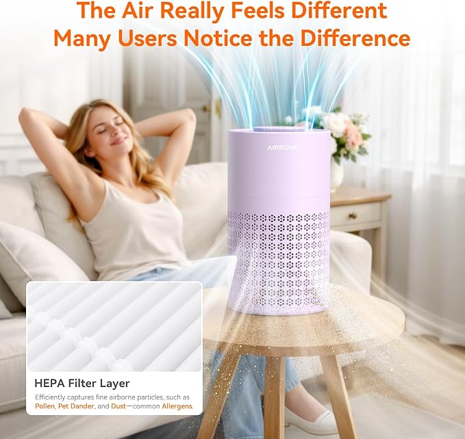 AIRROMI Air Purifier for Bedroom with HEPA 3-in-1 Filter, Pet Air Purifier for Home Cat Pee Smell, Covers Upto 990 Ft², Quiet 360°intake Air Cleaner for Pet Hair,Allergies,Pollen,Smoke A2001 Purple - Image 8