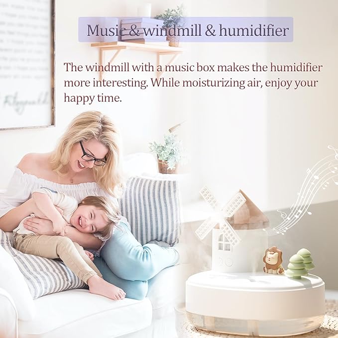 Humidifier for Bedroom,Portable Humidifier,Baby humidifier with rotating windmill and music box,double spray nozzles,two spray modes and Ambient Light,suitable for children,bedroom and office - Image 2