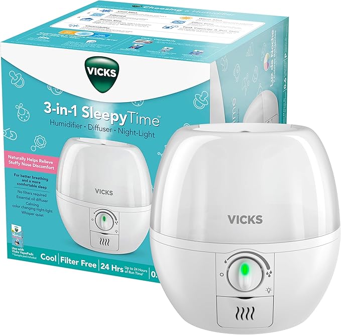 Vicks Humidifier 3-in-1 SleepyTime Cool Mist Humidifier for Baby & Kids Rooms with Color Changing Night Light and Essential Oil Diffuser, White by VicksDevices